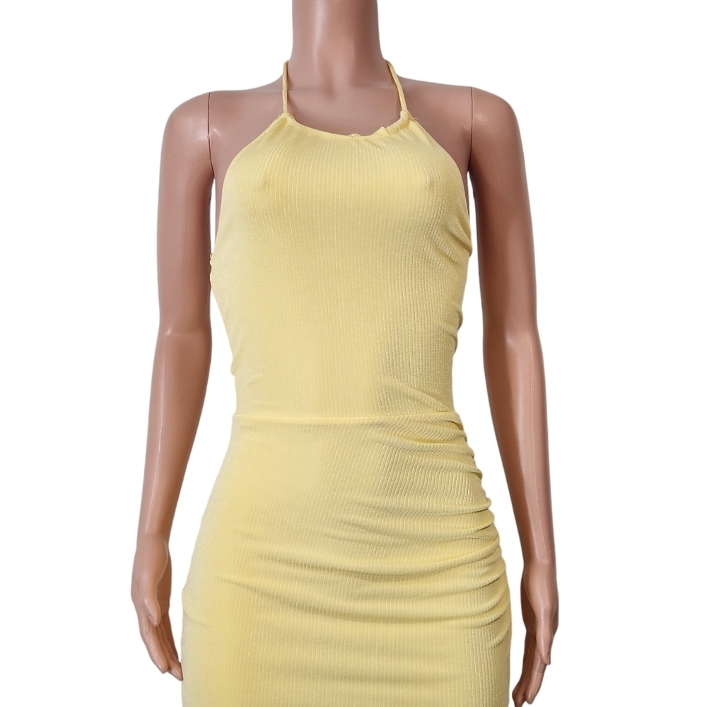 Nordstrom Wayf NWT Yellow Halter Scrunched Leg Fitted Dress Sz XS - Picture 2 of 11